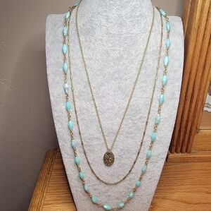 Lucky Brand Gold-tone and Turquoise Color Acrylic Beads 3- Layer Necklace